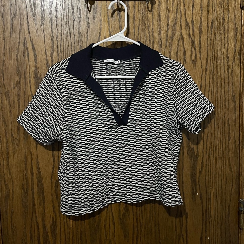 Navy and White Patterned Women's Top